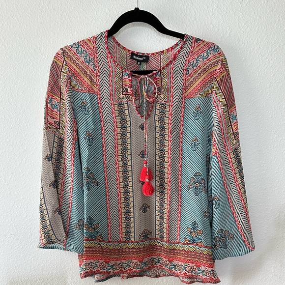 Tolani Tops - Tolani Boho Multicolor Tie-Neck Peasant Blouse Size Medium